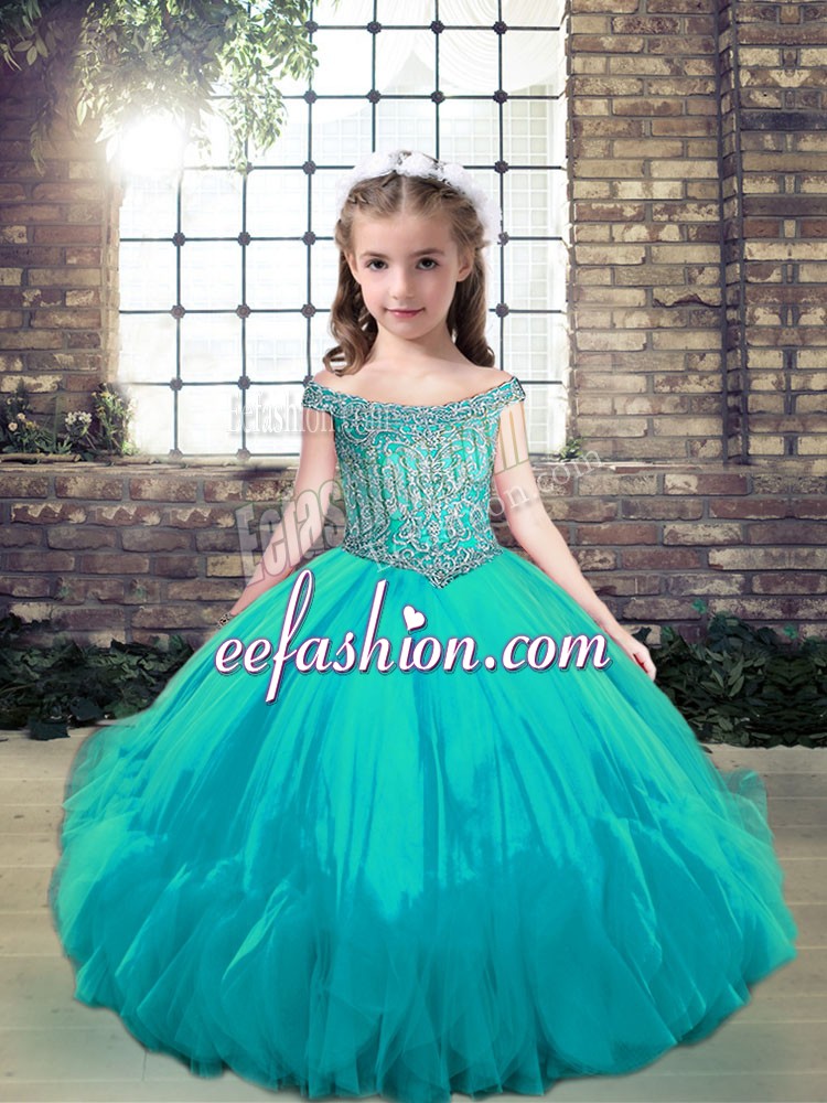  Aqua Blue Tulle Lace Up Off The Shoulder Sleeveless Floor Length Pageant Dress for Girls Beading