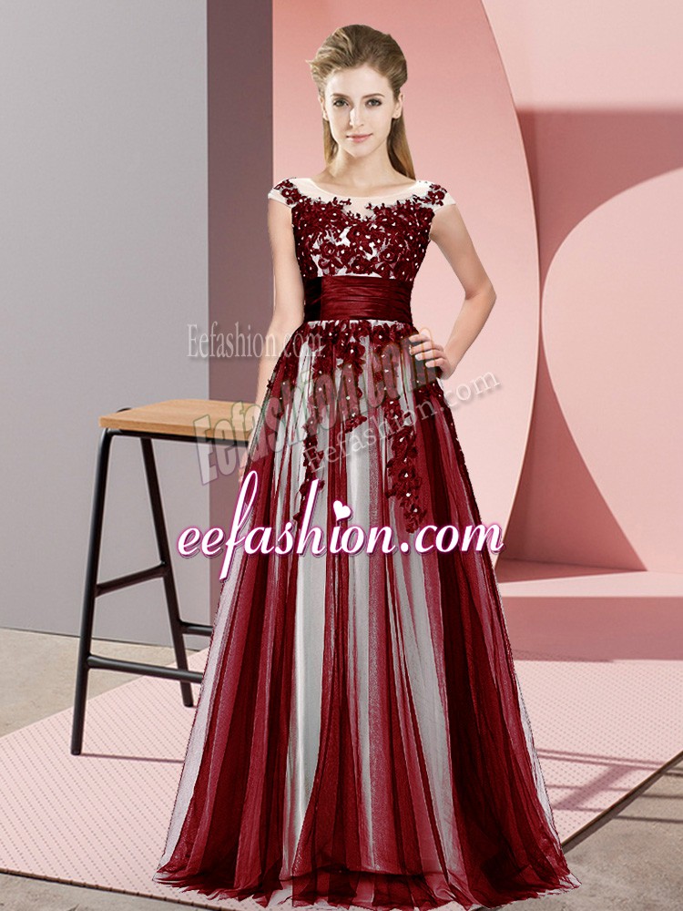Custom Designed Empire Wedding Party Dress Burgundy Scoop Tulle Sleeveless Floor Length Zipper