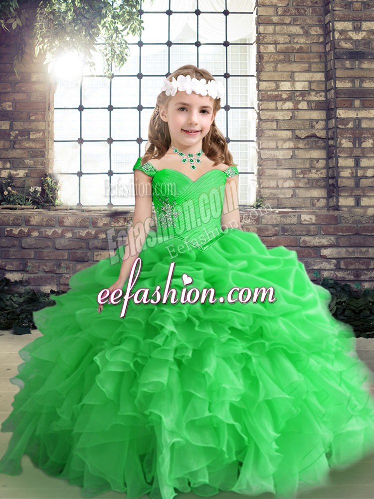  Beading and Ruffles Custom Made Pageant Dress Green Lace Up Sleeveless Floor Length