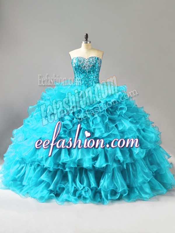 Sweetheart Sleeveless Organza Quince Ball Gowns Ruffles and Sequins Lace Up