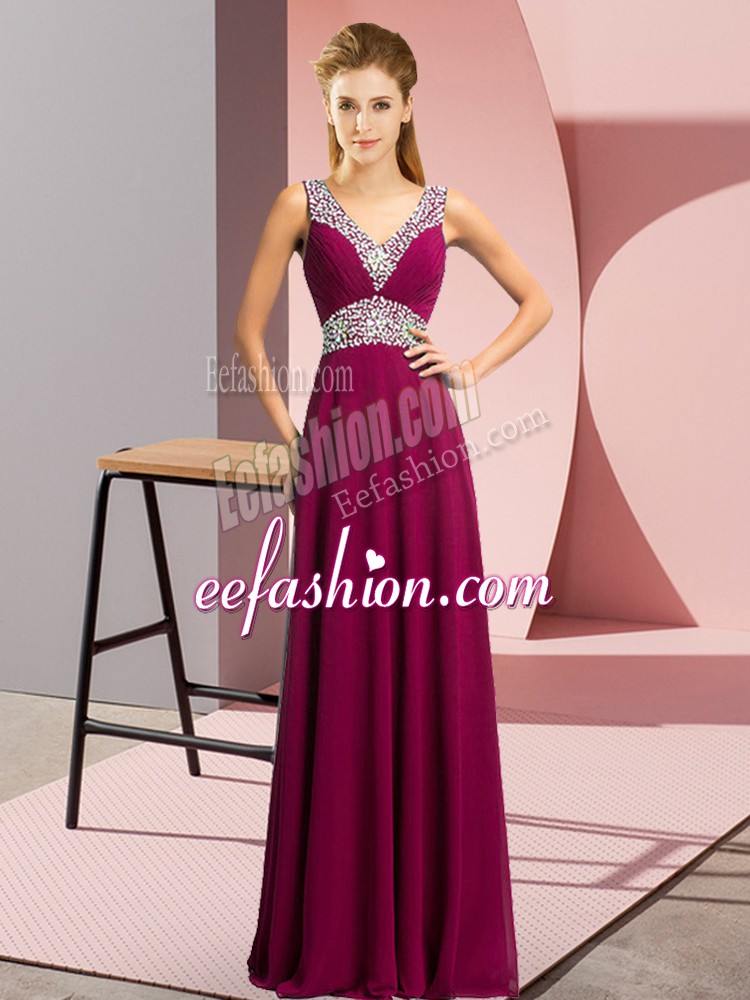 Flare Fuchsia Empire Chiffon V-neck Sleeveless Beading Floor Length Lace Up Prom Party Dress