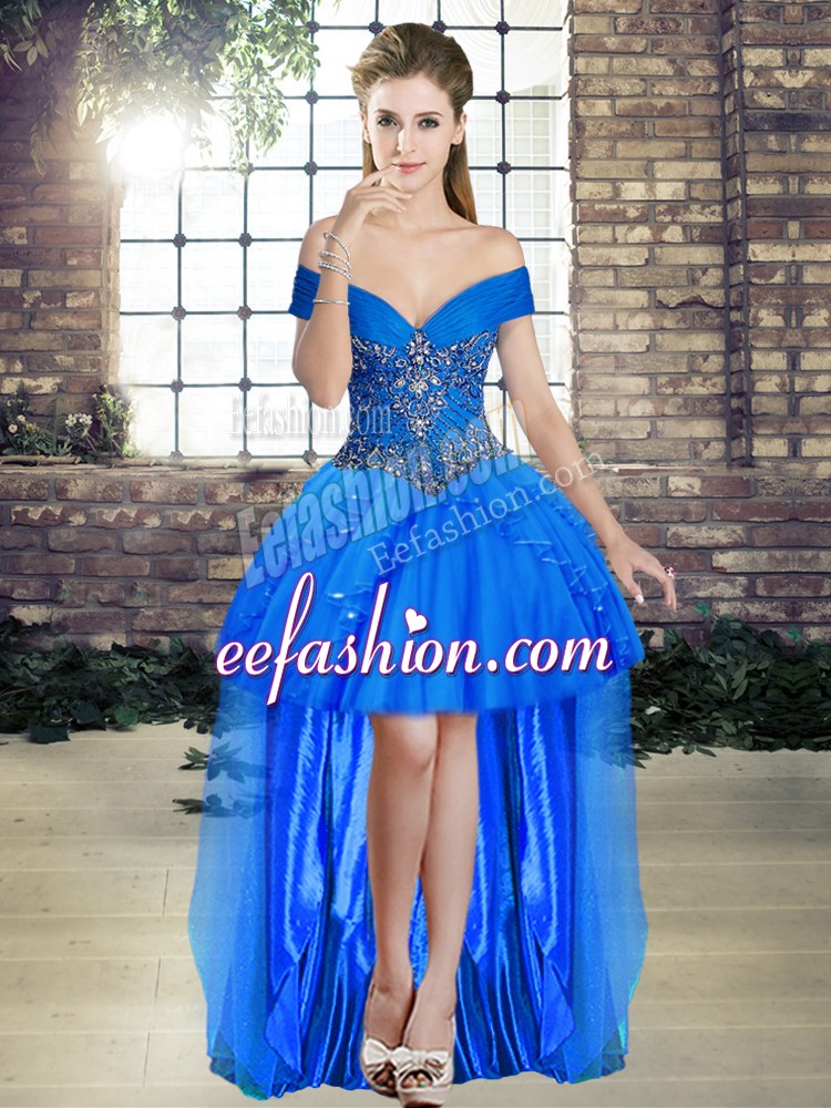  Blue A-line Beading and Ruffles Prom Dresses Lace Up Tulle Sleeveless High Low