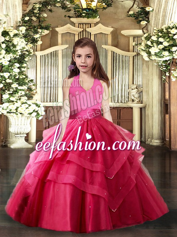  Sleeveless Lace Up Floor Length Ruffled Layers Child Pageant Dress
