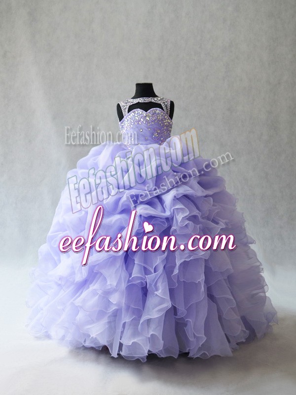  Scoop Sleeveless Brush Train Lace Up Child Pageant Dress Lavender Organza