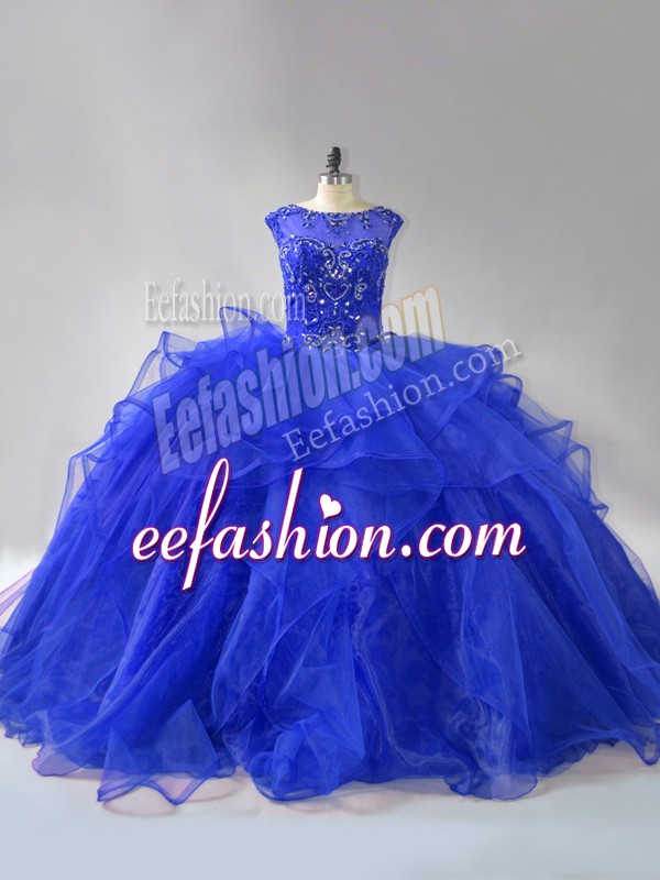 Great Ball Gowns Sleeveless Royal Blue Ball Gown Prom Dress Brush Train Lace Up