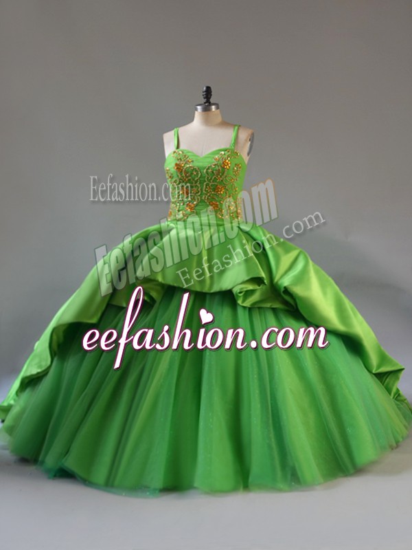  Straps Sleeveless Satin and Tulle Sweet 16 Dresses Beading and Embroidery and Pick Ups Court Train Lace Up