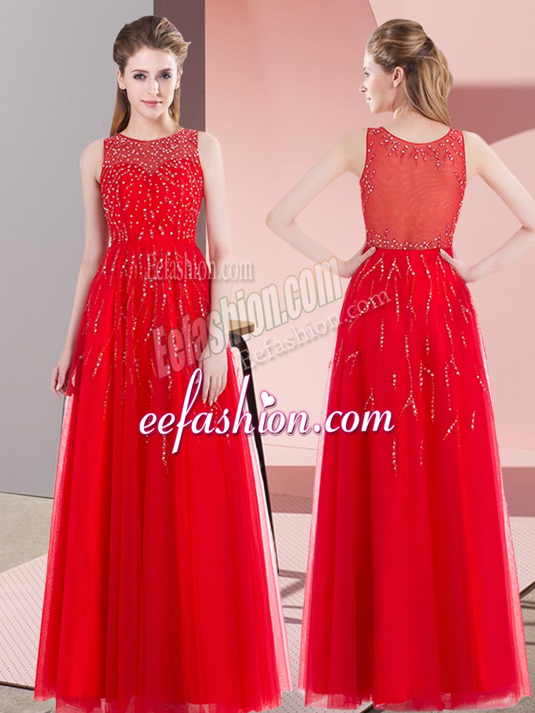  Red Prom Gown Prom and Party with Beading Scoop Sleeveless Side Zipper