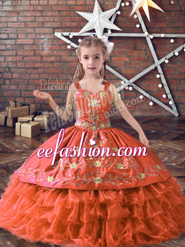  Orange Red Satin and Organza Lace Up Pageant Gowns Sleeveless Floor Length Embroidery and Ruffled Layers