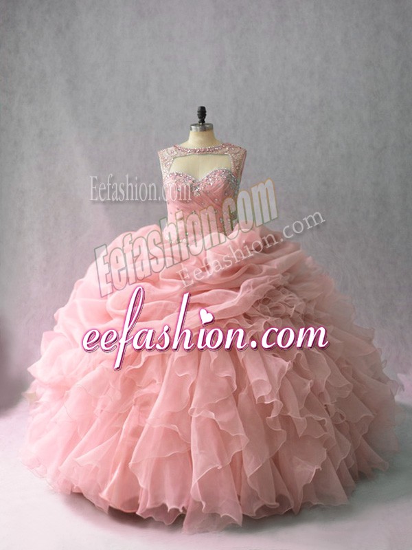  Pink Scoop Lace Up Beading and Ruffles and Pick Ups Ball Gown Prom Dress Brush Train Sleeveless
