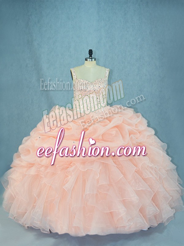 Chic Peach Organza Lace Up Straps Sleeveless Quinceanera Gowns Beading