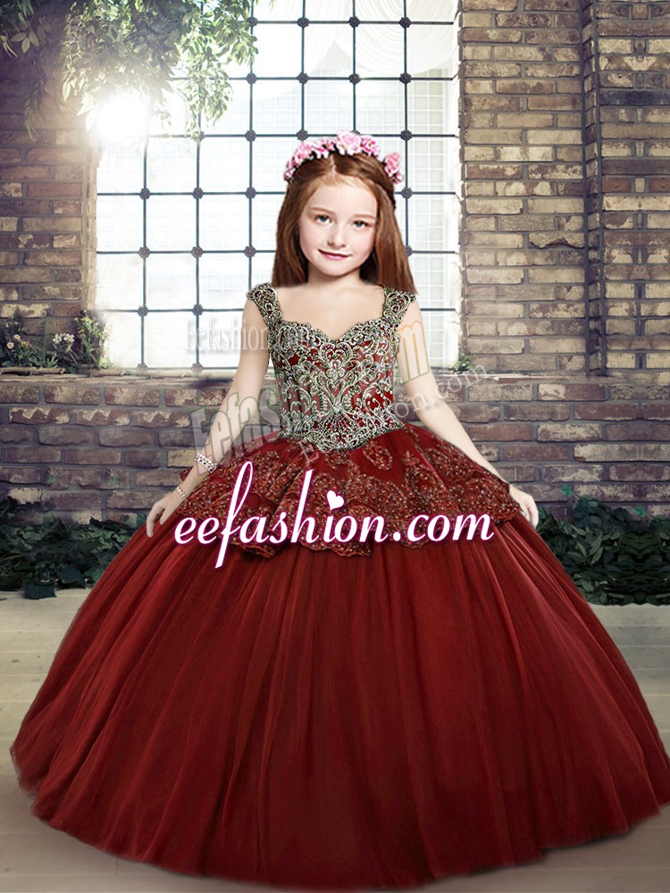  Red Sleeveless Tulle Lace Up Little Girls Pageant Gowns for Party and Sweet 16 and Wedding Party