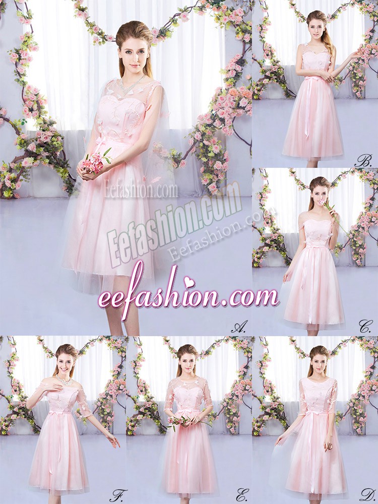 Hot Selling Tea Length Empire Sleeveless Baby Pink Dama Dress for Quinceanera Lace Up
