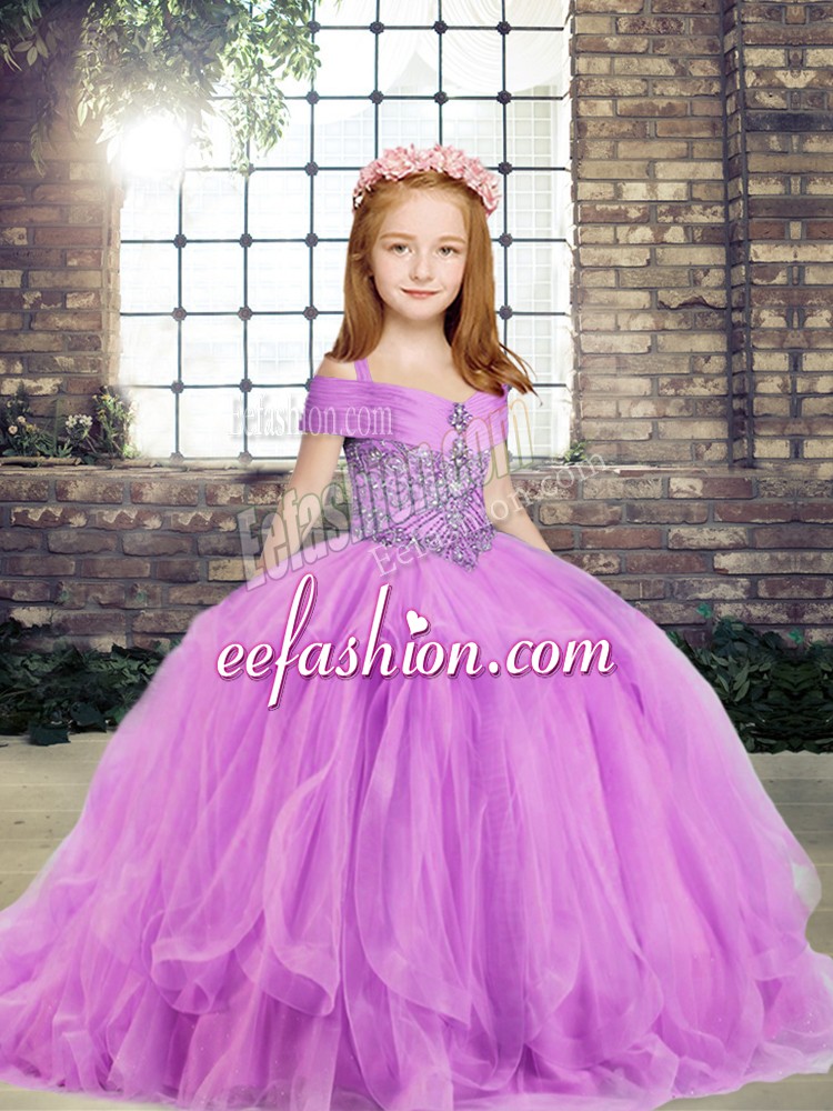 Top Selling Sleeveless Tulle Floor Length Side Zipper Little Girl Pageant Gowns in Lilac with Beading