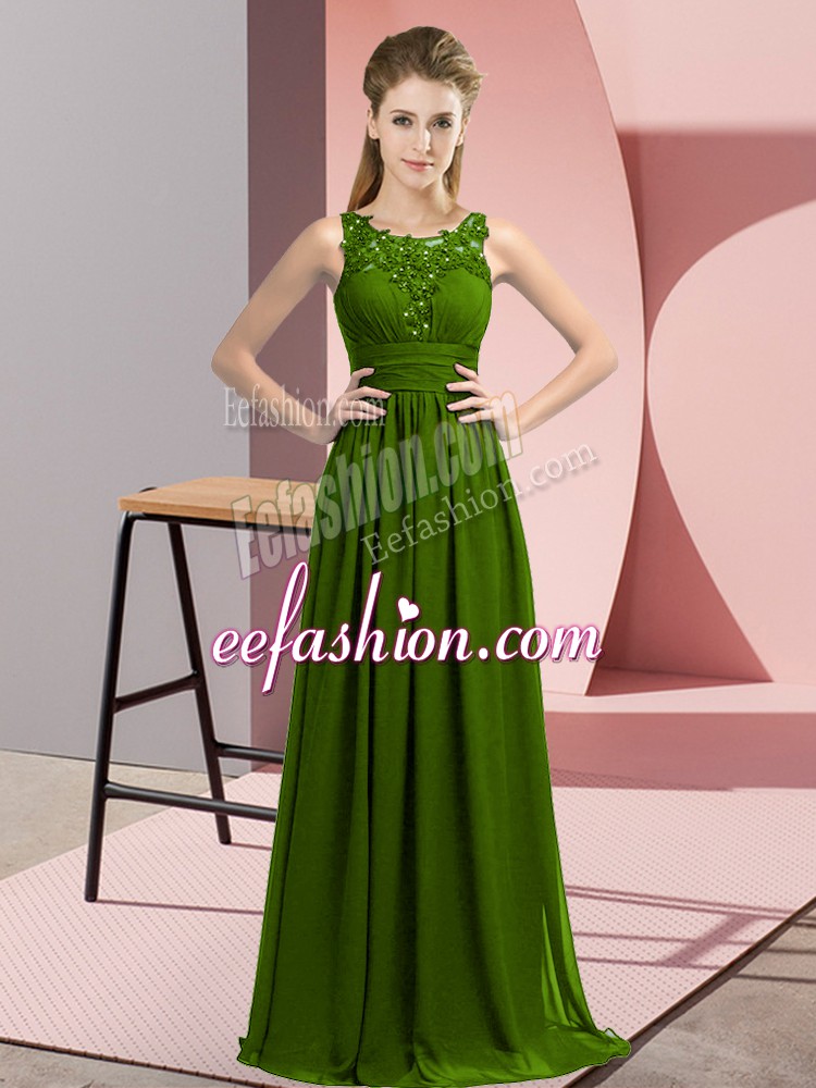 Olive Green Zipper Wedding Guest Dresses Beading and Appliques Sleeveless Floor Length