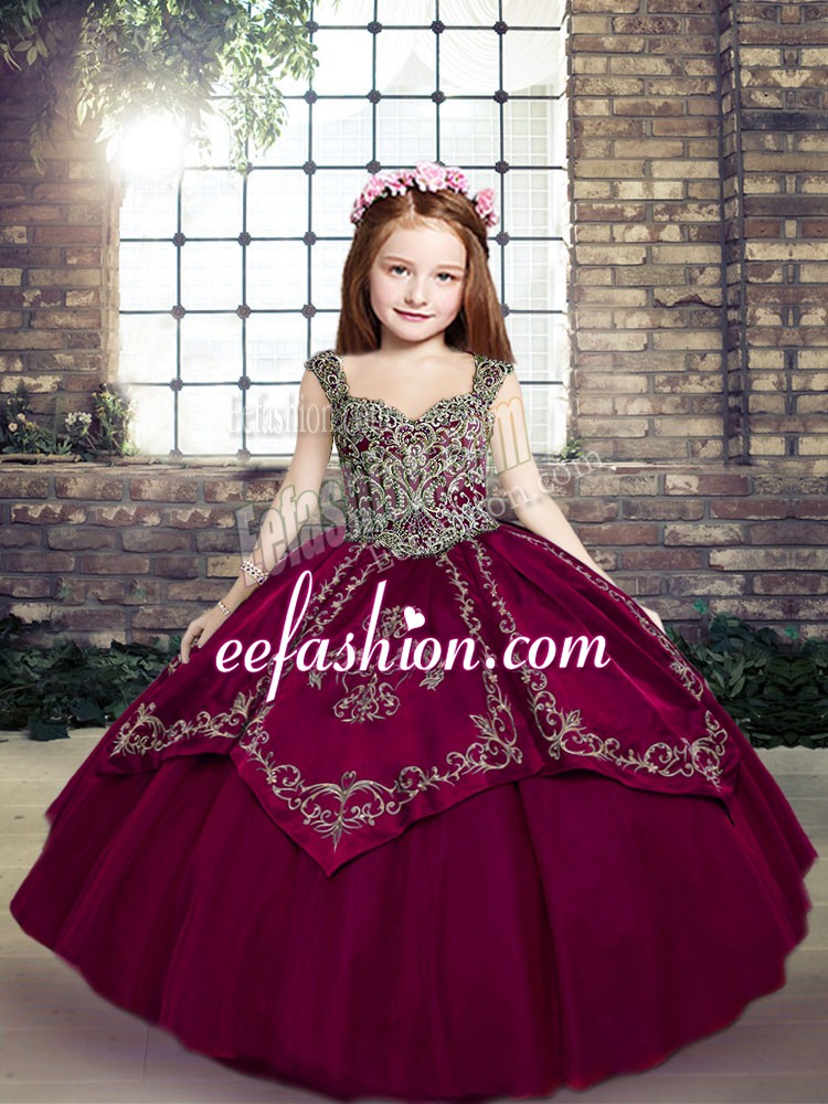  Straps Sleeveless Tulle Little Girl Pageant Gowns Embroidery Lace Up