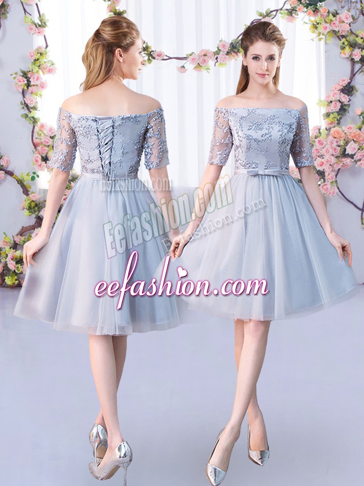  Grey Lace Up Dama Dress Lace and Belt Short Sleeves Knee Length