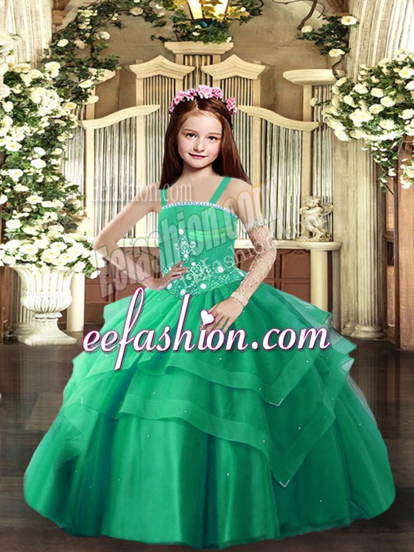  Turquoise Ball Gowns Tulle Straps Sleeveless Beading and Ruffled Layers Floor Length Lace Up Child Pageant Dress