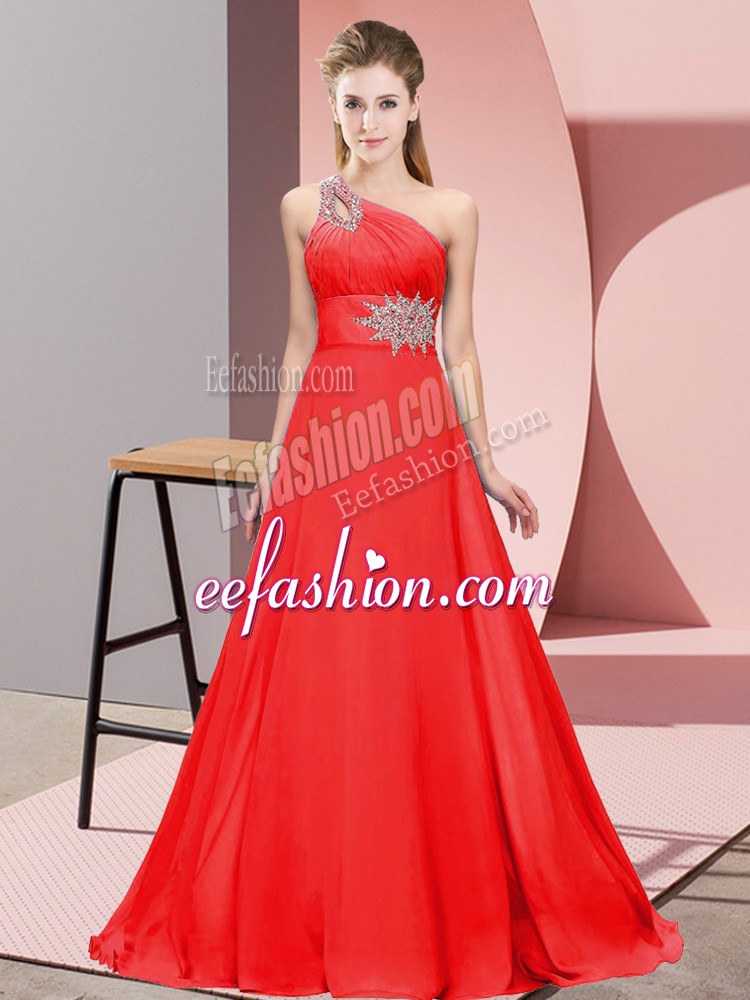  Sleeveless Beading Lace Up Evening Dress with Red Brush Train