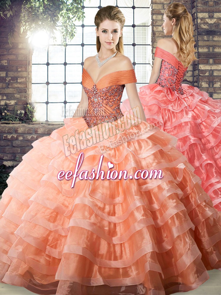 Pretty Peach Ball Gowns Off The Shoulder Sleeveless Organza Brush Train Lace Up Beading and Ruffled Layers Quinceanera Gowns
