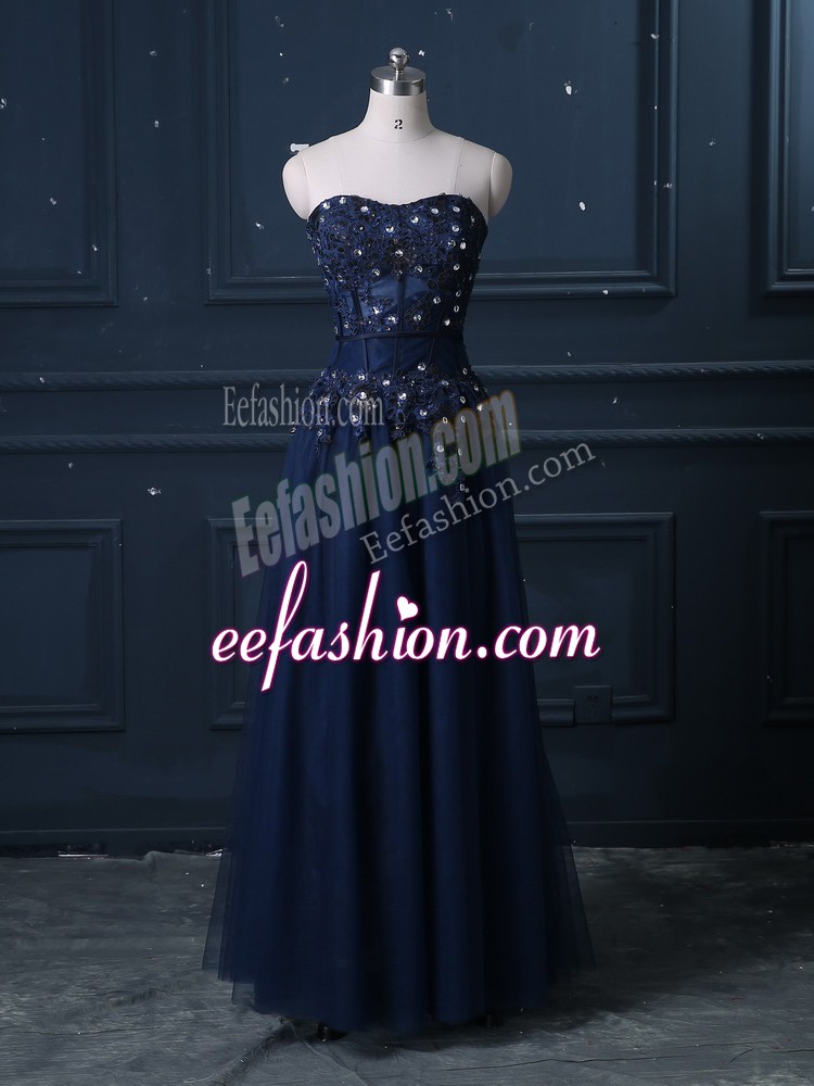  Column/Sheath Prom Evening Gown Navy Blue Sweetheart Tulle Sleeveless Floor Length Zipper