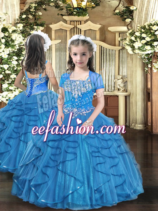 Fashionable Baby Blue Lace Up Kids Pageant Dress Beading and Ruffles Sleeveless Floor Length