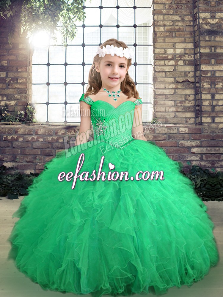  Straps Long Sleeves Lace Up Child Pageant Dress Turquoise Tulle