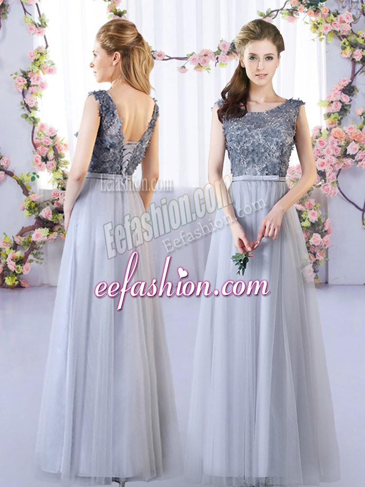 Beautiful Grey Tulle Lace Up Scoop Sleeveless Floor Length Bridesmaid Dress Appliques