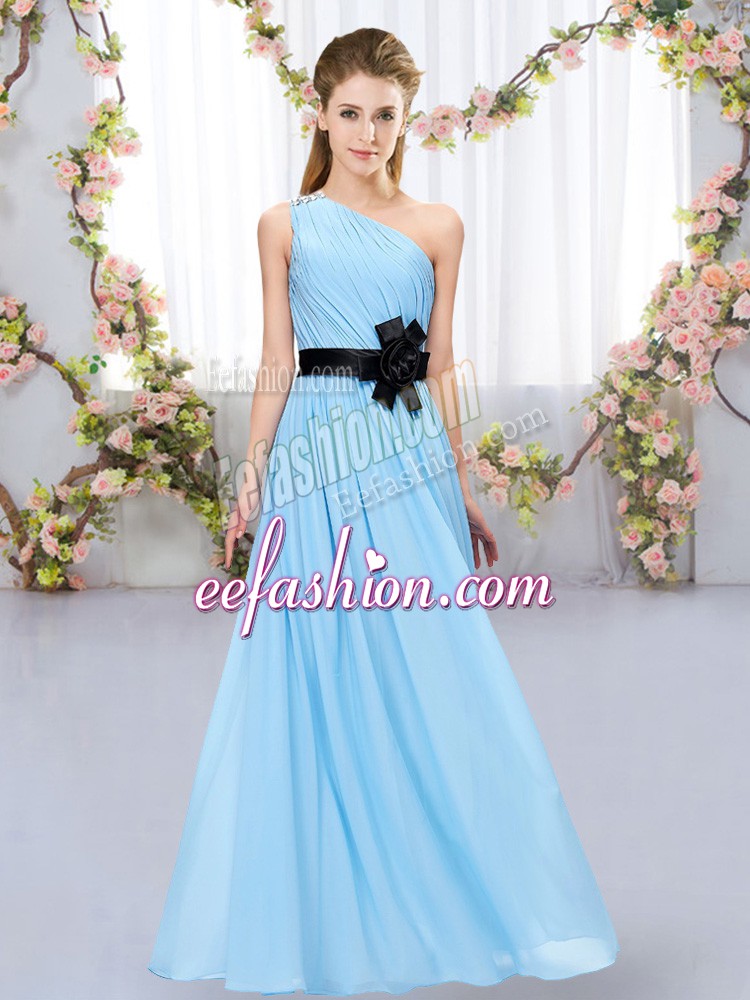 Modern Aqua Blue Sleeveless Belt Floor Length Bridesmaid Dress
