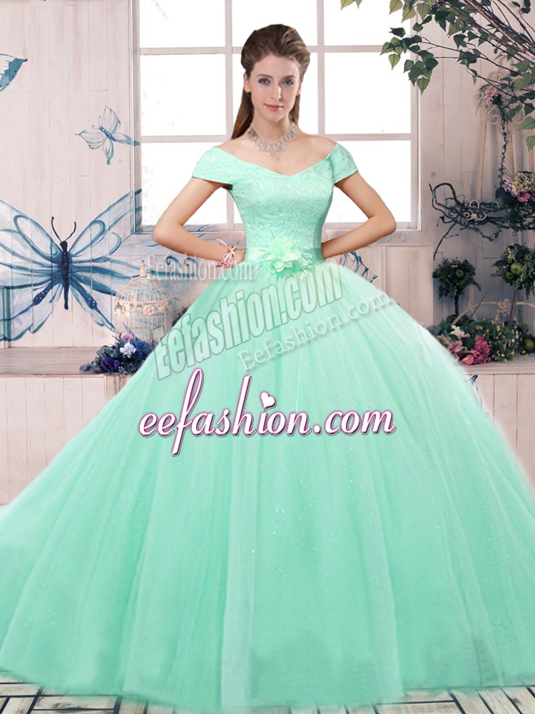  Apple Green Lace Up Quinceanera Dress Lace and Hand Made Flower Short Sleeves Floor Length