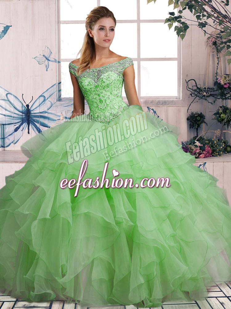 Pretty Off The Shoulder Sleeveless 15 Quinceanera Dress Floor Length Beading and Ruffles Green Organza