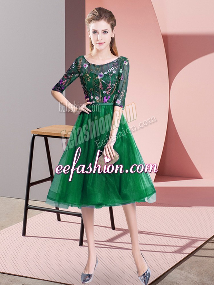 Fabulous Empire Bridesmaid Dress Dark Green Scoop Tulle Half Sleeves Knee Length Lace Up