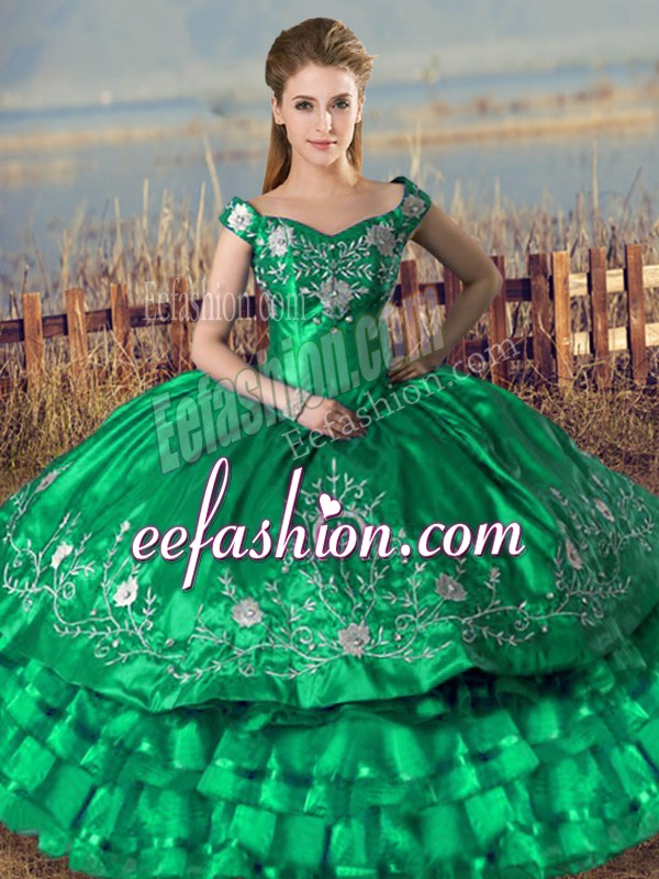  Off The Shoulder Sleeveless Sweet 16 Dress Floor Length Embroidery and Ruffled Layers Green Organza