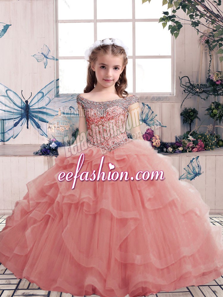  Scoop Sleeveless Little Girls Pageant Dress Wholesale Floor Length Beading and Ruffles Pink Tulle