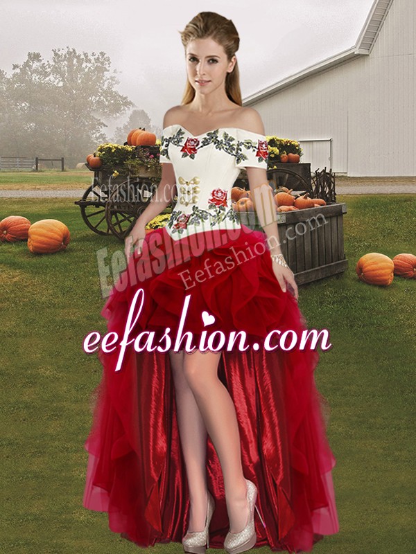 Unique Wine Red Lace Up Off The Shoulder Embroidery Prom Party Dress Tulle Sleeveless