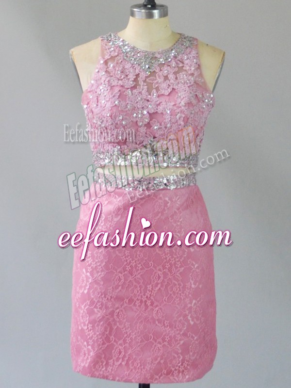  Baby Pink Two Pieces Lace Scoop Sleeveless Beading Mini Length Zipper Prom Dresses
