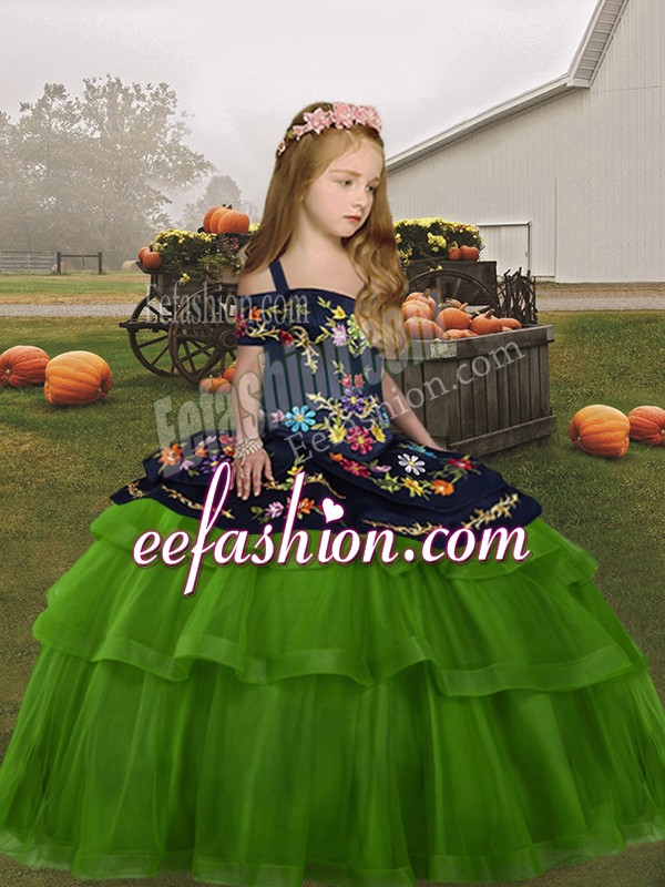 Green Lace Up Girls Pageant Dresses Embroidery Sleeveless Floor Length