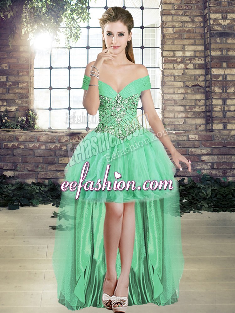  Apple Green A-line Beading and Ruffles Prom Dress Lace Up Tulle Sleeveless High Low