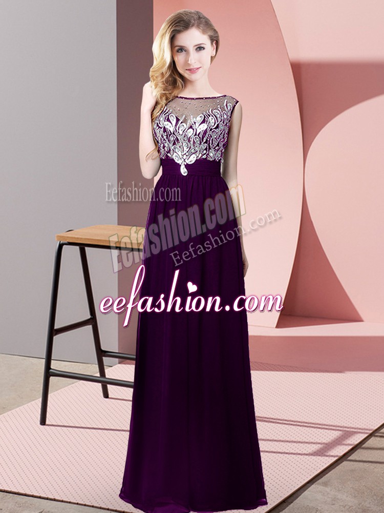 Graceful Scoop Sleeveless Backless Prom Party Dress Purple Chiffon