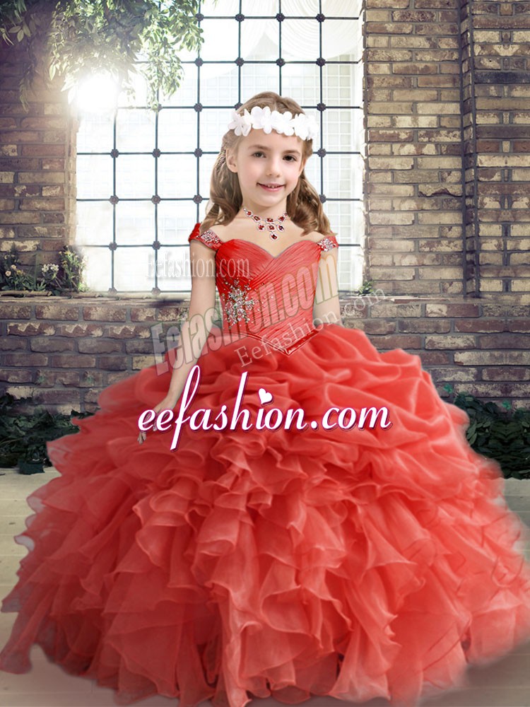 Stunning Coral Red Straps Neckline Beading and Ruffles and Pick Ups Little Girls Pageant Dress Sleeveless Lace Up