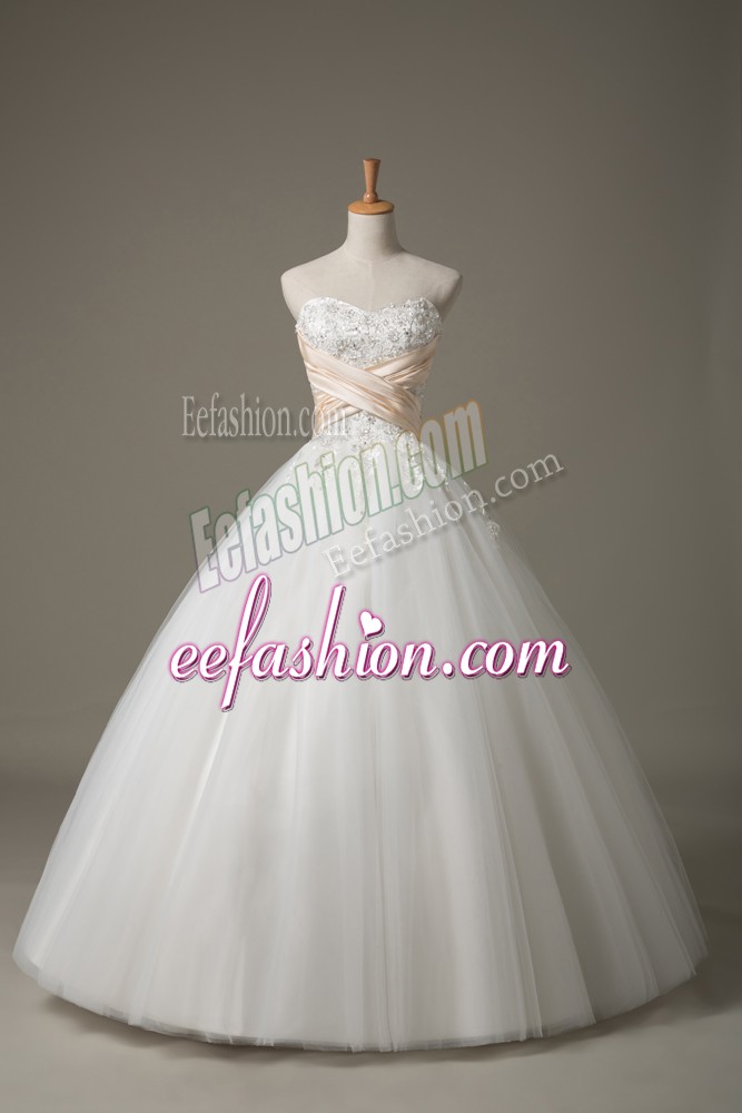 Comfortable Sleeveless Floor Length Beading and Lace Lace Up Wedding Gowns with White