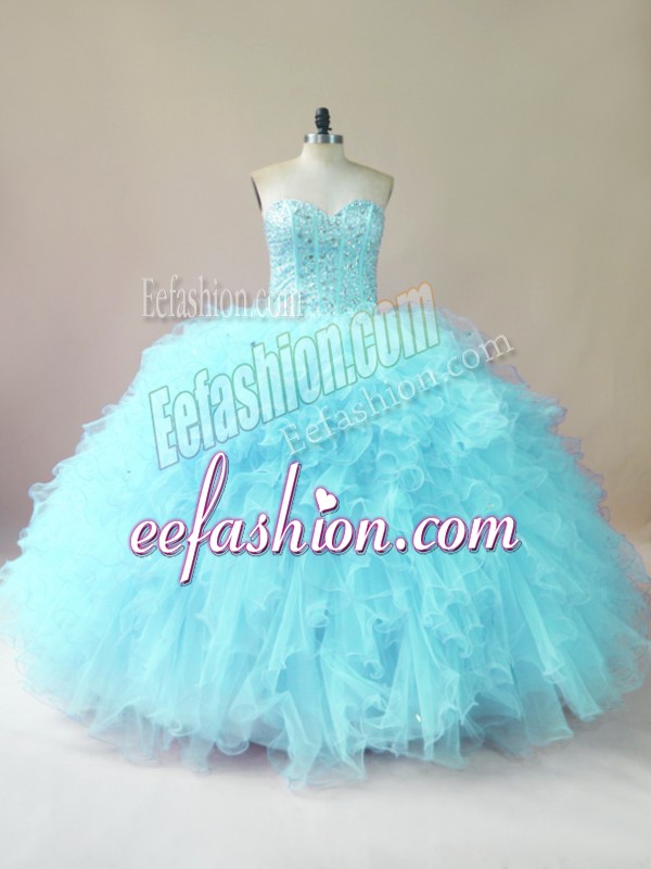 Smart Sleeveless Floor Length Beading and Ruffles Lace Up 15th Birthday Dress with Aqua Blue