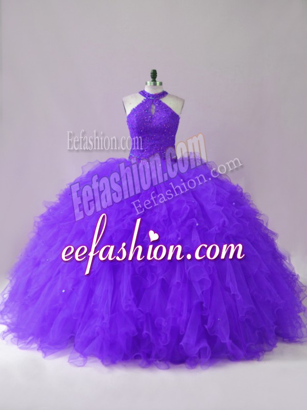 Classical Purple Lace Up 15th Birthday Dress Beading and Ruffles Sleeveless Floor Length