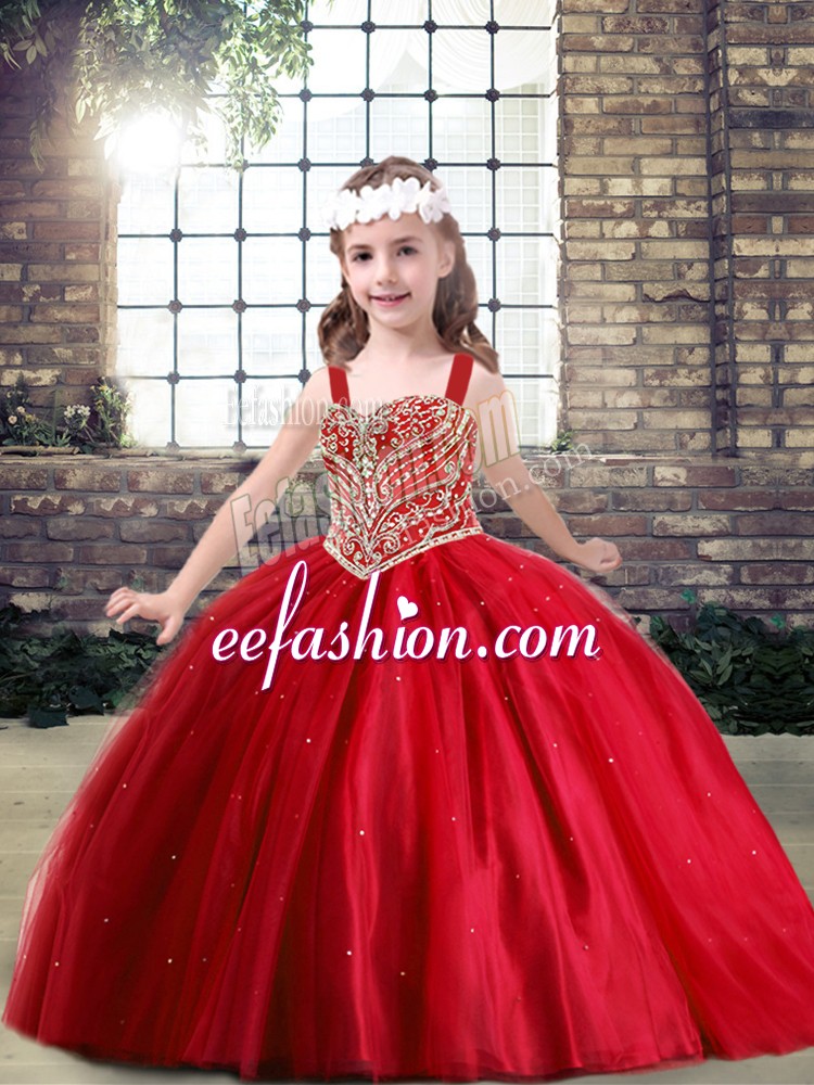 New Style Ball Gowns Little Girl Pageant Gowns Red Straps Tulle Sleeveless Floor Length Lace Up