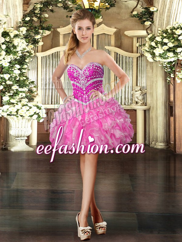 Glorious Hot Pink Sleeveless Beading and Ruffles Mini Length Evening Dress