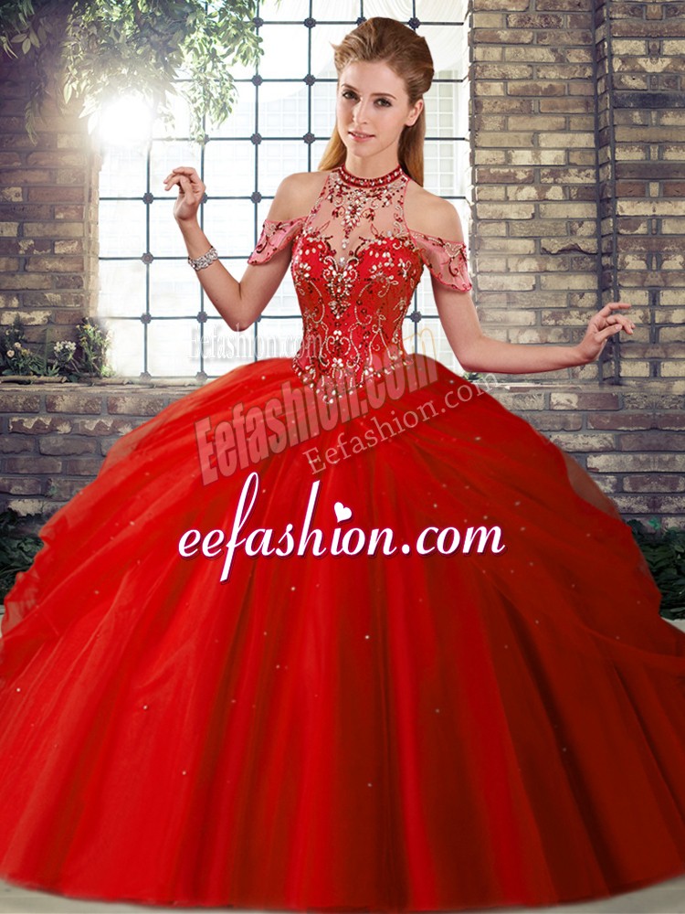 Modest Red Sleeveless Brush Train Beading and Pick Ups Quinceanera Dresses