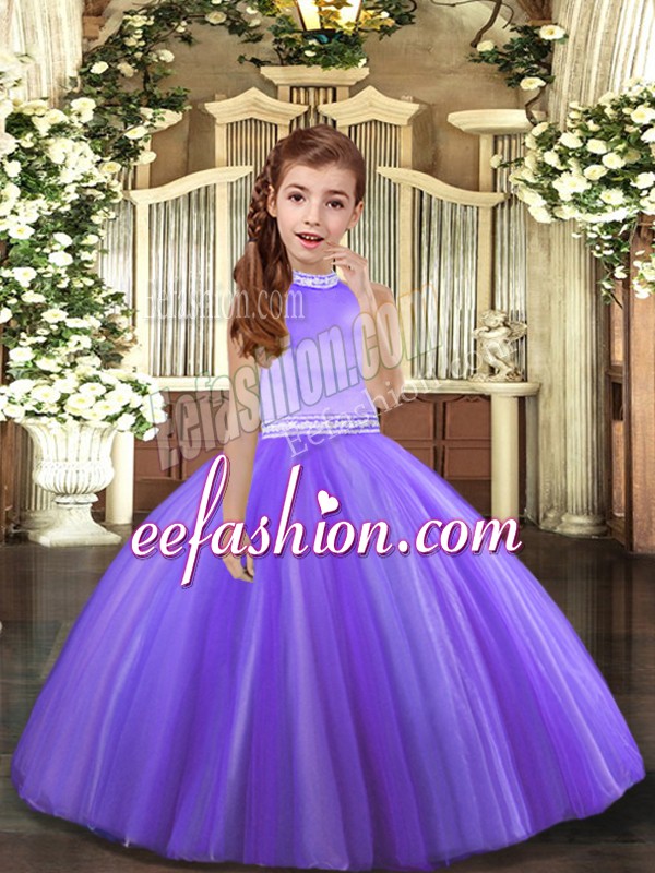 Glorious Floor Length Lavender Little Girl Pageant Gowns Tulle Sleeveless Beading