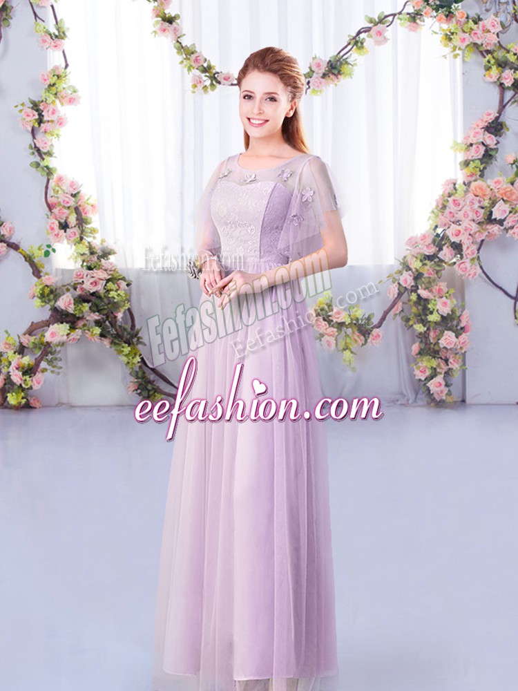 Fine Floor Length Empire Short Sleeves Lavender Bridesmaid Dress Side Zipper