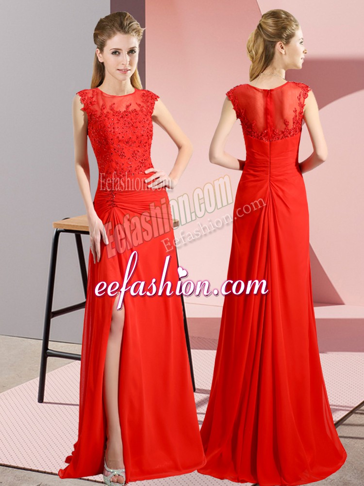  Floor Length Red Prom Evening Gown Scoop Sleeveless Zipper