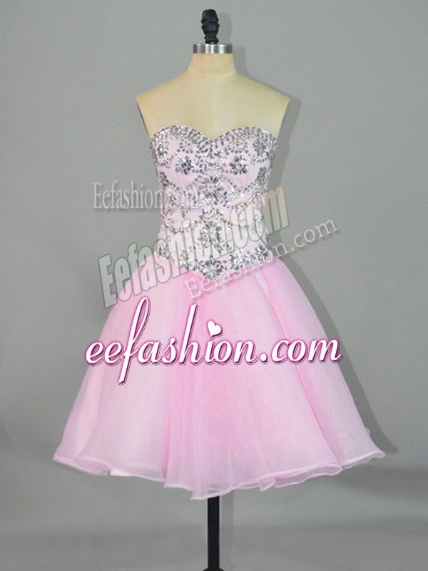 Decent Sleeveless Mini Length Beading Lace Up Prom Gown with Pink 