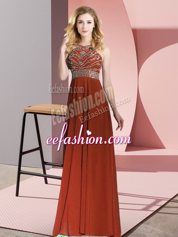 Shining Rust Red Empire Chiffon Scoop Sleeveless Beading Floor Length Backless Prom Gown